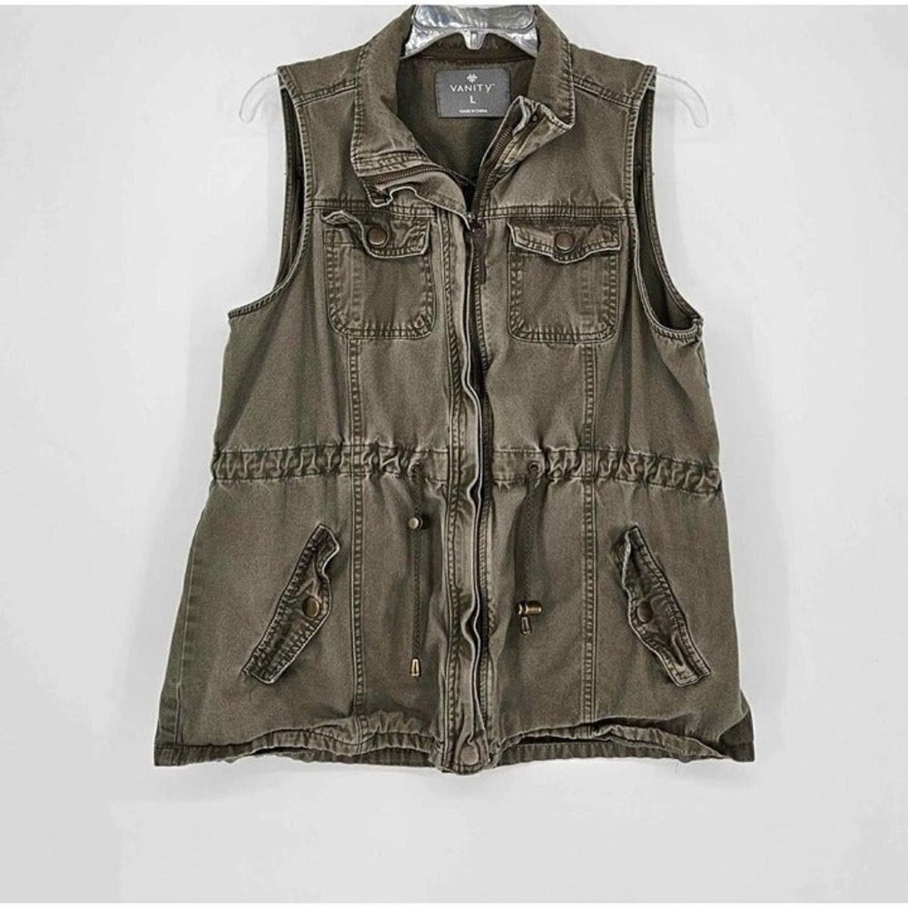 Vanity Womens Army Green Zip Front Military Style Vest Drawstring Sz Large